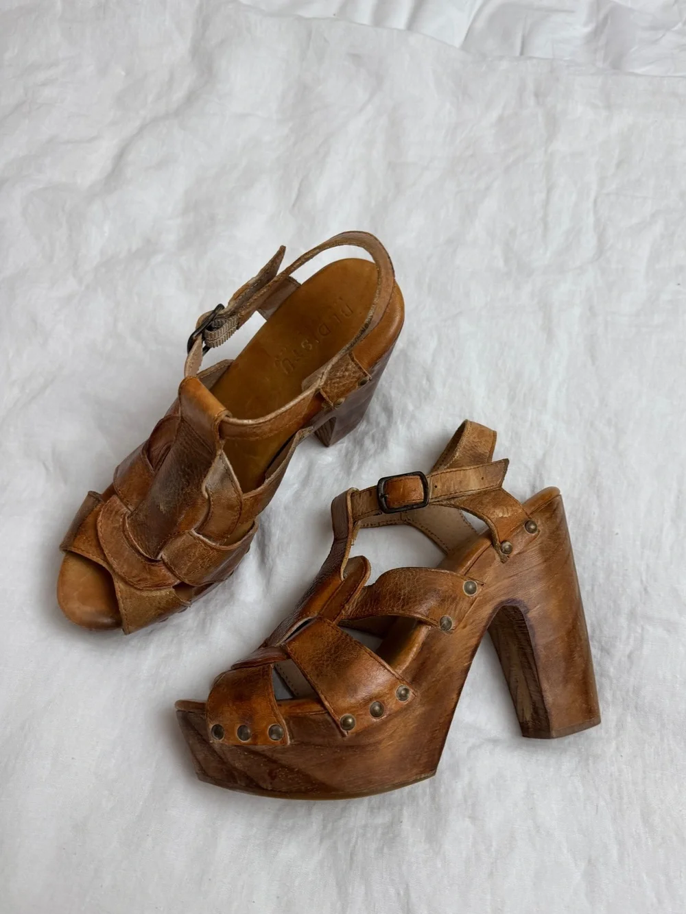 Bed|Stu Leather Wooden Platform Clog Heels Sandals Size 10 Y2K Boho Festival